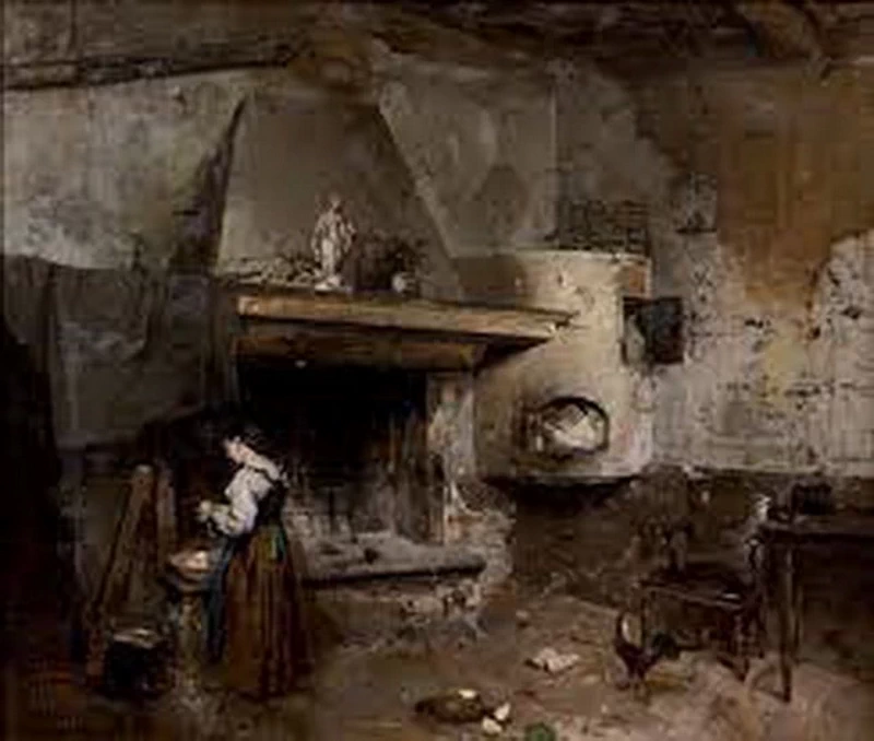 Interno di cucina rustica con figura